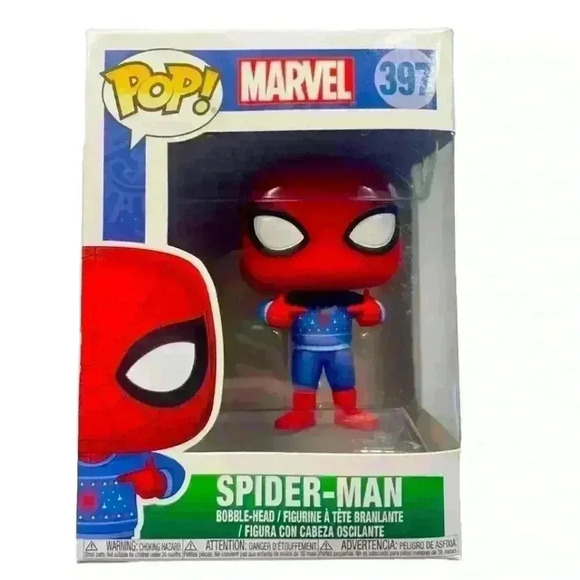 Funko POP Marvel Chrismas Spider Man 397 Ugly Sweater In Protector Worn Box - Picture 1 of 5